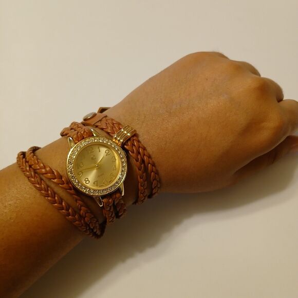 Women's Gold Tone Dial Rhinestone Bezel Brown Coil Wrap Bracelet Style Watch - Picture 1 of 8